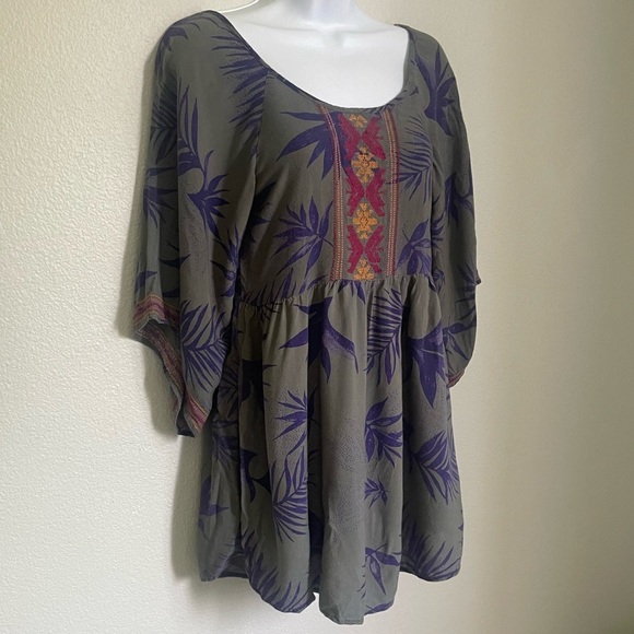 Roxy XS Boho Palm Leaf Blouse Top Olive Purple Bell Sleeve Embroidered Tunic - Picture 8 of 10